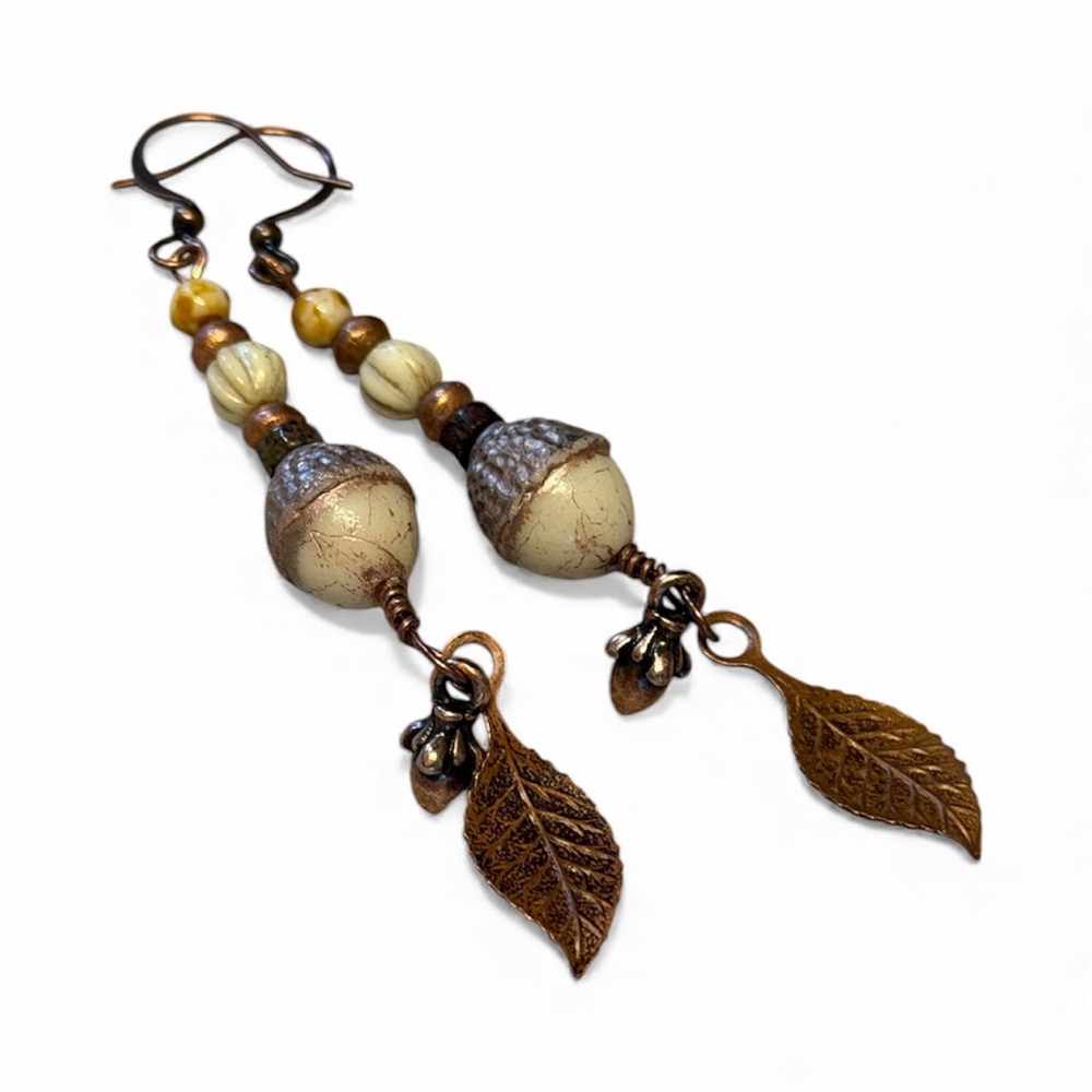 Handcrafted Elegant Copper Leaf Acorn Dangle Earrings - Picture 11 of 11